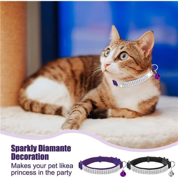 Soft Velvet Safe Cat Collars for Girl Cats -2 Pack Rhinestones Bling Diamante - Picture 6 of 6